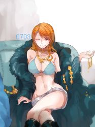 Rule 34 | 1girl, ;), absurdres, arm support, bikini, bikini top only, breasts, cleavage, closed mouth, coat, cowboy shot, crossed legs, earrings, fur coat, hand up, highres, holding, jewelry, large breasts, long hair, long sleeves, looking at viewer, nami (one piece), navel, necklace, off shoulder, one eye closed, one piece, orange hair, red eyes, shorts, sitting, smile, smirk, solo, stomach, swimsuit, tang fen yifu, upshorts