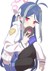 Rule 34 | 1girl, antenna hair, black pantyhose, blue archive, blue hair, blue necktie, blue skirt, blue vest, bow, doughnut, food, from side, fubuki (blue archive), grey hair, grin, hair bow, hair ornament, heart, heart hair ornament, highres, jacket, jitome, kneeling, long hair, long sleeves, looking at viewer, low twintails, miniskirt, multicolored hair, necktie, pantyhose, red eyes, shirt, simple background, skirt, smile, solo, streaked hair, supershiruco, twintails, vest, white background, white bow, white jacket, white shirt