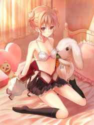 Rule 34 | 1girl, absurdres, bare shoulders, bed sheet, blush, bow, bow bra, bra, breasts, cleavage, collarbone, curtains, frilled pillow, frills, heart, highres, holding, kneehighs, long legs, on bed, orange hair, original, panties, pillow, red eyes, sitting, small breasts, socks, solo, stuffed animal, stuffed rabbit, stuffed toy, teddy bear, tsumiwara, underwear, undressing, wariza, white panties