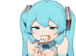 Rule 34 | 1girl, abmayo, absurdres, bare shoulders, collared shirt, commentary request, detached sleeves, eating, fork, green eyes, green hair, green necktie, grey shirt, hair ornament, hatsune miku, highres, holding, holding fork, necktie, open mouth, portrait, shirt, solo, twintails, vocaloid