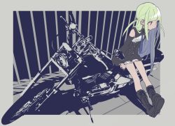 Rule 34 | 1girl, bare legs, bare shoulders, black nails, boots, cross-laced footwear, detached sleeves, dress, ear ornament, frills, green hair, jewelry, knee boots, lace-up boots, long hair, looking away, mochizuki kei, motor vehicle, motorcycle, nail polish, necktie, original, ring, sitting, sleeveless, sleeveless dress, solo, two side up, vehicle, very long hair, yamada kei