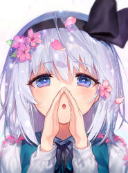 Rule 34 | 1girl, :o, ainy, artist name, black bow, black hairband, black ribbon, blue eyes, blush, bow, cherry blossoms, commentary request, flower, green vest, hair between eyes, hair bow, hair flower, hair ornament, hairband, hands up, highres, konpaku youmu, leaf, light particles, long sleeves, looking at viewer, neck ribbon, parted lips, petals, pink flower, portrait, revision, ribbon, short hair, silver hair, solo, touhou, twitter username, vest
