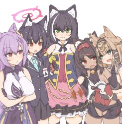 5girls :3 :d animal_ear_fluff animal_ears barcode bare_shoulders bell black_hair black_thighhighs blue_archive blush braid breasts bridal_gauntlets brown_hair cat_ears cat_girl cat_tail closed_mouth coin collared_shirt commentary cone_hair_bun cropped_legs crossed_arms crossover dark-skinned_female dark_skin double_bun dress fang genshin_impact gloves green_eyes hair_between_eyes hair_bun hair_ornament hairband halo highres honkai_(series) honkai_impact_3rd jacket karyl_(princess_connect!) keqing_(genshin_impact) korean_commentary kyaong large_breasts looking_at_another looking_at_viewer low_twintails mihoyo multicolored_hair multiple_girls neck_bell necktie nekomiya_mana odd_one_out open_mouth pardofelis princess_connect! purple_hair red_eyes revision serika_(blue_archive) shirt short_shorts shorts simple_background skin_fang skindentation smile standing streaked_hair sweat tail thighhighs trait_connection twintails zenless_zone_zero