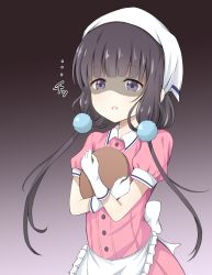 Rule 34 | 1girl, :o, apron, black hair, blend s, blunt bangs, bow, collar, commentary request, cotton ball, covering privates, covering chest, crossed arms, gloves, gradient background, grey background, hair ornament, hands up, hatching (texture), head scarf, highres, holding, holding tray, jinsan totsu, large bow, linear hatching, long hair, low twintails, maid apron, open mouth, pink shirt, pom pom (clothes), pom pom hair ornament, puffy short sleeves, puffy sleeves, purple eyes, sakuranomiya maika, shaded face, shirt, short sleeves, sidelocks, simple background, solo, stile uniform, tareme, tray, twintails, upper body, waitress, white collar, white gloves