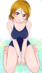 Rule 34 | 10s, 1girl, bare shoulders, barefoot, blonde hair, blush, breasts, cleavage, feet, highres, koizumi hanayo, large breasts, legs, looking at viewer, love live!, love live! school idol project, open mouth, purple eyes, school swimsuit, short hair, simple background, sitting, smile, soles, solo, swimsuit, wewe