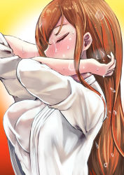 Rule 34 | 1girl, arms behind head, arms up, blush, breasts, comiket, comiket 94, closed eyes, flying sweatdrops, hot, jacket, large breasts, long hair, multicolored background, original, profile, red hair, shirt, summer, sweat, upper body, wet, wet hair, white jacket, white shirt, yamasan (hachiman)