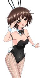 Rule 34 | 1girl, absurdres, akiyama yukari, animal ears, black bow, black bowtie, black leotard, bow, bowtie, breasts, brown eyes, brown hair, commentary request, covered navel, cowboy shot, detached collar, earlobe1514366, fake animal ears, fake tail, fishnet pantyhose, fishnets, girls und panzer, grey pantyhose, highres, leaning forward, leotard, looking at viewer, medium breasts, messy hair, open mouth, pantyhose, partial commentary, playboy bunny, rabbit ears, rabbit tail, short hair, side-tie leotard, simple background, smile, solo, standing, strapless, strapless leotard, tail, white background, wing collar, wrist cuffs