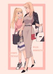 Rule 34 | 2girls, bag, blonde hair, commentary request, fullmetal alchemist, handbag, height difference, high heels, highres, holding own arm, multiple girls, ozaki (tsukiko3), riza hawkeye, shoes, shopping bag, sneakers, winry rockbell