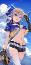 Rule 34 | 1girl, animal, asymmetrical gloves, belt, bikini, black bikini, black gloves, black shorts, blue bikini, blue jacket, blue sky, bow, bracelet, breasts, cleavage, cosplay, cropped jacket, elbow gloves, eyewear on head, fate/grand order, fate (series), fingerless gloves, flame print, fou (fate), gloves, goggles, gun, hair between eyes, hair bow, highres, jacket, jewelry, large breasts, long hair, looking at viewer, naruse (0819), navel, open clothes, open jacket, open mouth, ponytail, red eyes, rifle, short shorts, short sleeves, shorts, sky, smile, sniper rifle, sunglasses, swimsuit, tengen toppa gurren lagann, thighhighs, thighs, tomoe gozen (fate), two-tone bikini, weapon, white hair, white thighhighs, yoko littner, yoko littner (cosplay)