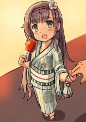 Rule 34 | 1girl, bad id, bad pixiv id, bag, blush stickers, candy apple, flower, food, freckles, from above, green eyes, hair flower, hair ornament, hairband, handbag, highres, holding hands, japanese clothes, kantai collection, kimono, long hair, looking at viewer, looking up, matsuwa (kancolle), open mouth, osananajimi neko, purple hair, sandals, solo focus, two-tone background, wide sleeves, yukata