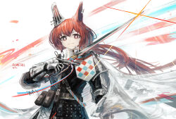 Rule 34 | 1girl, absurdres, animal ears, arknights, armor, artist name, black shirt, bright pupils, brown eyes, character name, ear covers, ear tag, flametail (arknights), franlol, gauntlets, glint, highres, holding, holding sword, holding weapon, long hair, looking at viewer, red hair, shirt, simple background, solo, squirrel ears, squirrel girl, sword, upper body, v-shaped eyebrows, weapon, white background, white pupils