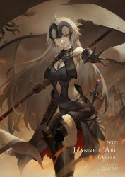 Rule 34 | 1girl, ahoge, armor, armored boots, armored dress, artist name, banner, black dress, black footwear, black gloves, boots, breasts, chain, character name, cleavage, clothing cutout, copyright name, dress, fate/grand order, fate (series), faulds, floating hair, fur-trimmed boots, fur trim, gloves, grin, headpiece, holding, jeanne d&#039;arc (fate), jeanne d&#039;arc alter (avenger) (fate), jeanne d&#039;arc alter (avenger) (third ascension) (fate), jeanne d&#039;arc alter (fate), long hair, looking at viewer, medium breasts, midriff, navel, navel cutout, orange eyes, outdoors, ruien (wu jui-en), sheath, sheathed, sideboob, silver hair, sleeveless, sleeveless dress, smile, solo, standing, stomach, sword, thigh boots, thighhighs, very long hair, weapon
