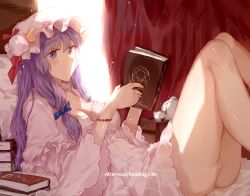 Rule 34 | 1girl, backlighting, bad id, bad pixiv id, bare legs, blue bow, blush, book, book stack, bow, bracelet, breasts, cleavage, coat, crescent, crescent hair ornament, cup, curtains, double bun, dress, english text, frilled hat, frills, hair bow, hair bun, hair ornament, hair ribbon, hat, hat ribbon, jewelry, long hair, looking at viewer, lying, medium breasts, meng ziya, mob cap, on back, open book, panties, parted lips, patchouli knowledge, pink coat, pink dress, pink hat, purple eyes, purple hair, reading, red ribbon, ribbon, shiny skin, solo, striped clothes, striped dress, sunlight, teacup, teapot, thighs, touhou, tress ribbon, underwear, white panties, wide sleeves, window