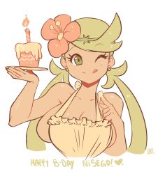 Rule 34 | 1girl, ;d, apron, bare shoulders, breasts, cake, cleavage, cream, creatures (company), earrings, flower, food, game freak, green eyes, green hair, hair flower, hair ornament, happy birthday, highres, jewelry, kenron toqueen, large breasts, long hair, mallow (pokemon), naked apron, nintendo, one eye closed, open mouth, pokemon, pokemon sm, sideboob, sleeveless, smile, twintails, upper body