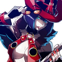 Rule 34 | 1girl, black hair, blue eyes, breasts, unworn eyewear, fingerless gloves, gloves, guilty gear, hat, i-no, large breasts, nail polish, sunglasses removed, underboob, witch hat