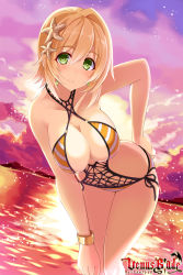 Rule 34 | 1girl, backlighting, bare shoulders, blonde hair, blush, bracelet, breasts, cleavage, dutch angle, earrings, green eyes, highres, hisen kaede, jewelry, kikyou-0423, large breasts, leaning forward, looking at viewer, official art, one-piece swimsuit, short hair, smile, solo, standing, swimsuit, venus blade