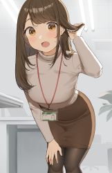 Rule 34 | 1girl, arm up, bent over, blush, brown hair, brown skirt, earrings, grey sweater, hand in own hair, hand on leg, highres, jewelry, light bulb, long hair, looking at viewer, name tag, office, office lady, ol-chan (ol mahonanoka), ol mahonanoka, open mouth, original, pantyhose, pencil skirt, plant, skirt, sweater, swept bangs, turtleneck, turtleneck sweater, yellow eyes