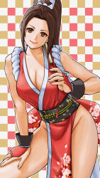 Rule 34 | 1girl, arm guards, bare shoulders, breasts, brown eyes, brown hair, cleavage, commentary request, fatal fury, folding fan, hand fan, hand on own thigh, happy new year, high ponytail, highres, holding, japanese clothes, large breasts, long hair, looking at viewer, new year, ninja, pelvic curtain, ponytail, revealing clothes, rope, shiranui mai, simple background, smile, solo, the king of fighters, thighs, x chitch