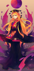 Rule 34 | 1girl, blonde hair, chinese clothes, dress, full body, full moon, gradient background, hat, highres, junko (touhou), long hair, looking at viewer, moon, open mouth, red eyes, ringocha, smile, solo, sparkle, tabard, touhou, very long hair, wide sleeves