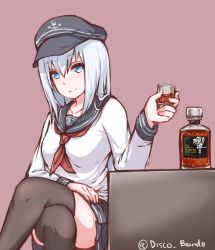 Rule 34 | 10s, 1girl, aged up, alcohol, black thighhighs, blue eyes, blush, bottle, breasts, crossed legs, cup, disco brando, drinking glass, flat cap, hat, hibiki (kancolle), hibiki (whisky), highres, kantai collection, long hair, long sleeves, looking at viewer, medium breasts, name connection, neckerchief, object namesake, school uniform, serafuku, silver hair, simple background, sitting, sketch, smile, solo, thighhighs, whiskey