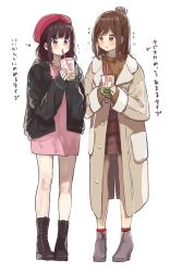 Rule 34 | 2girls, :t, beret, black footwear, black jacket, blouse, blush, boots, brown eyes, brown hair, closed mouth, coat, commentary request, cup, drink, drinking, drinking straw, hair bun, hat, highres, holding, holding cup, image sample, jacket, legs, long sleeves, looking at another, medium hair, multiple girls, nanase kurumi (menhera-chan), open clothes, open coat, open jacket, original, pink shirt, pomu (joynet), pout, shirt, simple background, sleeves past wrists, standing, translation request, twitter sample, white background