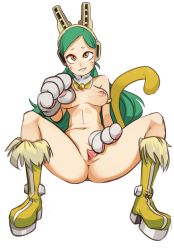 Rule 34 | 10s, 1girl, animal hands, anus, bell, blush, boku no hero academia, boots, breasts, cat tail, collar, detached collar, facial mark, female focus, full body, gloves, green hair, grin, headgear, highres, long hair, looking at viewer, medium breasts, navel, neck bell, nipples, nude, open mouth, paw gloves, polyle, pussy, ragdoll (boku no hero academia), simple background, sitting, smile, solo, spread legs, spread pussy, tail, uncensored, whisker markings, white background, white gloves, yellow eyes