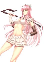 Rule 34 | 1girl, bra, breasts, brown eyes, cleavage, elbow gloves, fate/grand order, fate (series), frills, gloves, groin, long hair, medb (fate), medb (fate), midriff, navel, open mouth, pink hair, skirt, tiara, underwear, weapon