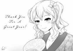 Rule 34 | blush, breasts, cleavage, commentary, english text, floral print, flower, greyscale, hair flower, hair ornament, hand fan, japanese clothes, kantai collection, kashima (kancolle), kimono, monochrome, new year, paper fan, signature, smile, solo, twintails, uchiwa, wangphing, wavy hair