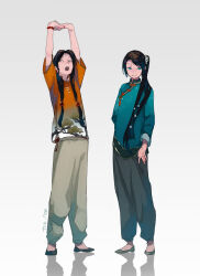 Rule 34 | 2boys, androgynous, aqua eyes, aqua shirt, arm behind back, arms up, black footwear, black hair, bracelet, chinese clothes, closed mouth, facial mark, flower, forehead mark, full body, green footwear, grey background, grey eyes, grey pants, hair flower, hair ornament, hair over shoulder, highres, jewelry, long hair, looking at viewer, male focus, multiple boys, nanahyaku torako, open mouth, orange shirt, original, own hands together, pants, parted bangs, print shirt, reflective floor, shirt, shoes, side ponytail, simple background, smile, split ponytail, standing, swept bangs, tassel, toggles, twintails, white background, yawning