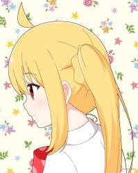 Rule 34 | 1girl, ahoge, blonde hair, bocchi the rock!, bow, braid, brown background, brown eyes, closed mouth, collared shirt, commentary request, floral background, from side, hair between eyes, highres, ijichi nijika, long hair, mitya, profile, red bow, shirt, side ponytail, simple background, smile, solo, upper body, white shirt