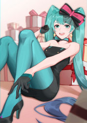 Rule 34 | 1girl, :d, a pu (a pu pu), absurdres, aqua hair, aqua pantyhose, aqua ribbon, black dress, black footwear, black gloves, blue hair, blurry, blurry background, blurry foreground, bow, box, choker, chromatic aberration, collarbone, dress, earrings, gift, gift box, gloves, green eyes, hair bow, half gloves, hatsune miku, high heels, highres, jewelry, long hair, looking at viewer, multicolored hair, open mouth, pantyhose, pink bow, pumps, ribbon, ribbon choker, short dress, sitting, smile, solo, strapless, strapless dress, tube dress, two-tone hair, very long hair, vocaloid
