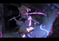 Rule 34 | 1girl, animal ear fluff, animal ears, anime coloring, arknights, armband, back, backpack, bag, black thighhighs, blonde hair, chinese commentary, cowboy shot, dadijiji, from behind, glowing, glowing eyes, glowing sword, glowing weapon, hair ornament, hairclip, highres, holding, holding sheath, holding sword, holding weapon, jacket, katana, letterboxed, looking at viewer, looking back, open mouth, purple eyes, scabbard, sheath, short shorts, shorts, smile, smug, solo, sword, tail, thighhighs, unsheathed, utage (arknights), weapon, white jacket