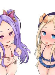 Rule 34 | 2girls, abigail williams (fate), bikini, blonde hair, blue eyes, blush, bow, breasts, fate/grand order, fate (series), female focus, forehead, frilled bikini, frills, from above, hair bow, hat, long hair, looking at viewer, micro bikini, multiple girls, navel, open mouth, orange bow, purple eyes, purple hair, side-tie bikini bottom, simple background, skirt, standing, swimsuit, very long hair, white background, witch hat, wu zetian (fate)