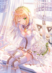 Rule 34 | 1girl, ;o, ahoge, bare shoulders, belt, blonde hair, blurry, blush, boots, bouquet, breasts, cage, cleavage, curtains, day, depth of field, detached sleeves, fate/grand order, fate (series), flower, full-length zipper, green eyes, hair intakes, head wreath, highres, holding, holding bouquet, indoors, juliet sleeves, leotard, lily (flower), lock, long sleeves, looking at viewer, medium breasts, momingie, nero claudius (bride) (fate), nero claudius (bride) (second ascension) (fate), nero claudius (fate), nero claudius (fate) (all), one eye closed, open mouth, padlock, padlocked collar, puffy sleeves, short hair, sidelocks, sitting, solo, sunlight, thigh boots, thighhighs, veil, white flower, white footwear, white leotard, white thighhighs, zipper