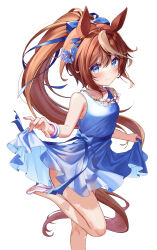 Rule 34 | 1girl, absurdres, alternate costume, animal ears, blue bow, blue dress, blue eyes, bow, bracelet, brown hair, clothes lift, dress, dress lift, feet out of frame, flower, from side, glass slipper, hair bow, hair flower, hair ornament, high heels, high ponytail, highres, horse ears, horse girl, horse tail, jewelry, leg up, lifting own clothes, long hair, looking at viewer, multicolored hair, necklace, saio425, simple background, sleeveless, sleeveless dress, solo, streaked hair, tail, tokai teio (umamusume), two-tone hair, umamusume, upper body, white background, white hair
