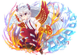 Rule 34 | 1girl, ahoge, arkfield, bow, brown footwear, cigarette, collared shirt, fire, fujiwara no mokou, full body, hair between eyes, hair bow, hand in pocket, long hair, ofuda, ofuda on clothes, pants, parody, phoenix wings, ponytail, puzzle &amp; dragons, red eyes, red pants, shirt, shoes, short sleeves, silver hair, smoking, solo, suspenders, torn clothes, torn sleeves, touhou, very long hair, white bow, white shirt, wrist cuffs