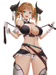 Rule 34 | 1girl, :d, absurdres, armor, armpit crease, bare shoulders, belt, bikini, breasts, brown hair, btraphen, cleavage, cleavage cutout, clothing cutout, cowboy shot, crop top, detached sleeves, faulds, frills, gloves, green eyes, highleg, highleg bikini, highres, holding, horns, large breasts, long hair, looking at viewer, midriff, navel, open mouth, original, pointy ears, revealing clothes, sidelocks, simple background, sleeveless, smile, solo, stomach, string bikini, swimsuit, thighhighs, thighs, twintails, whip, white background, white bikini, white gloves, white thighhighs