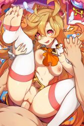 Rule 34 | 1boy, 1girl, ascot, blonde hair, blush, book, braid, breasts, dragalia lost, hetero, highres, holding hands, knee up, large breasts, leg up, long hair, looking at viewer, merunyaa, monocle, navel, nipples, open mouth, orange ascot, penis, pink eyes, pink thighhighs, pussy, sex, shiny skin, sinoa, sweat, thighhighs, toeless legwear, toes, vaginal, white thighhighs