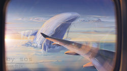 Rule 34 | airplane wing, artist name, blue sky, cloud, dated, day, fantasy, flying, flying whale, highres, lens flare, no humans, original, scenery, sky, sos (406491521), through window, whale