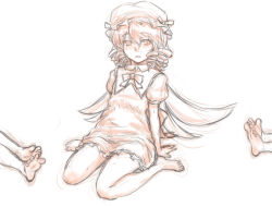 Rule 34 | 1girl, barefoot, blush, dress, drill hair, full body, kuro suto sukii, looking at viewer, luna child, monochrome, out of frame, short hair, simple background, sitting, sketch, solo focus, touhou, wariza