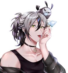 Rule 34 | 1boy, :p, absurdres, alternate costume, animal, animal on head, bird, bird on head, bishounen, black choker, brown hair, choker, earrings, eating, father (nu carnival), food, green eyes, grey hair, highres, holding food, holding ice cream, ice cream, jewelry, long hair, long sleeves, looking at viewer, male focus, melting, mole, mole under mouth, nu carnival, off shoulder, on head, owl, pectorals, popsicle, rei (nu carnival), short hair, single earring, tongue, tongue out, yadome810
