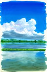 Rule 34 | blue sky, border, cloud, cloud focus, day, grass, highres, horizon, no humans, original, outdoors, reflection, rice paddy, sawitou mizuki, scenery, sky, traditional media, white border
