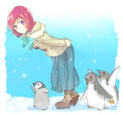 Rule 34 | &gt; &lt;, 10s, 1girl, arms behind back, arms up, bird, boots, coat, closed eyes, full body, fur trim, highres, kakizato, leaning forward, long skirt, looking at viewer, love live!, love live! school idol festival, love live! school idol project, nishikino maki, penguin, purple eyes, red hair, skirt, smile, snowflakes, winter clothes, winter coat