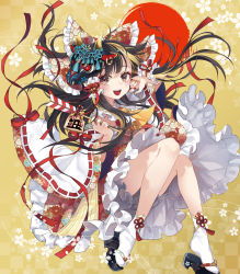 Rule 34 | 1girl, arrow (projectile), ascot, bell, black hair, bloomers, bow, brown eyes, checkered background, commentary request, cow mask, detached sleeves, ema, embellished costume, floral background, floral print, flower, frilled bow, frilled skirt, frills, hair bow, hair tubes, hakurei reimu, hamaya, highres, holding, holding arrow, invisible chair, jingle bell, looking at viewer, mask, mask on head, nail polish, new year, okobo, open mouth, red bow, red ribbon, ribbon, ribbon-trimmed sleeves, ribbon trim, sandals, sitting, skirt, smile, solo, tabi, tassel, teeth, too many, too many frills, touhou, toutenkou, underwear, upper teeth only, white legwear, yellow ascot, yellow background