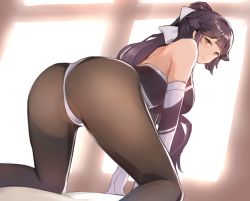 Rule 34 | 1girl, all fours, ass, azur lane, back, backlighting, bare shoulders, bent over, black hair, black leotard, blush, bow, breasts, brown eyes, brown pantyhose, closed mouth, elbow gloves, gloves, hair bow, hair flaps, large breasts, leotard, long hair, looking at viewer, looking back, multicolored leotard, pantyhose, ponytail, race queen, suzuya (maru), takao (azur lane), takao (full throttle charmer) (azur lane), thighs, two-tone leotard, white bow, white gloves, white leotard, window