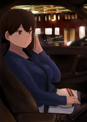 Rule 34 | 1girl, alternate costume, between breasts, black pantyhose, black shirt, blue sweater, blush, box, breasts, brown eyes, brown hair, car, car interior, chocolate, collarbone, driving, from side, fuyube gin (huyube), gift, gift box, grey skirt, hand on lap, highres, kaga (kancolle), kantai collection, large breasts, long hair, long sleeves, looking ahead, motor vehicle, open mouth, pantyhose, ribbed sweater, seatbelt, shirt, side ponytail, sitting, skirt, solo, sweater, valentine, white skirt