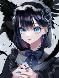 Rule 34 | 1girl, bird, black feathers, black hair, blue eyes, blue nails, bow, bowtie, commentary, crow, earrings, english commentary, feathers, film grain, fingernails, frilled shirt, frills, grey background, hairband, highres, jewelry, long sleeves, looking at viewer, medium hair, original, sasakichi (ssk chi), shirt, upper body