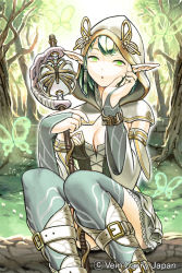 Rule 34 | 1girl, :o, belt, breasts, bridal gauntlets, bug, butterfly, cleavage, company name, detached sleeves, elbow gloves, forest, gloves, green eyes, green hair, hood, bug, kumio34, matching hair/eyes, nature, official art, outdoors, pointy ears, short hair, sitting, solo, soukoku no regalia, thighhighs, tree