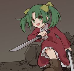 1girl 35yado :d ascot bow brown_footwear dress dual_wielding elona frilled_dress frills green_eyes green_hair hair_bow holding holding_sword holding_weapon long_sleeves on_one_knee open_mouth red_dress short_hair smile solo sword twintails weapon white_ascot yellow_bow younger_sister_(elona)