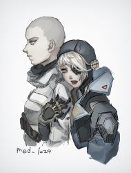 Rule 34 | 2girls, apex legends, artist name, bald, bald girl, blue jacket, deep current wattson, facial scar, from side, grey background, grey hair, grey jacket, highres, jacket, looking ahead, looking at viewer, med (med 1024), multiple girls, nose piercing, official alternate costume, piercing, scar, scar on cheek, scar on face, sketch, the liberator wraith, tongue, tongue out, wattson (apex legends), wraith (apex legends), yellow eyes